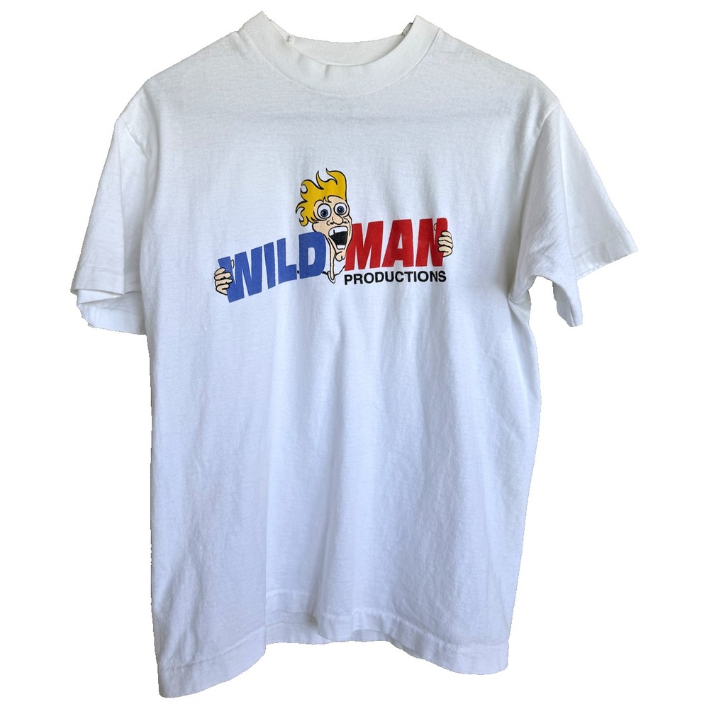 Vintage Wild Man Productions Shirt Mens M White Graphic Cartoon Tee Fruit Loom